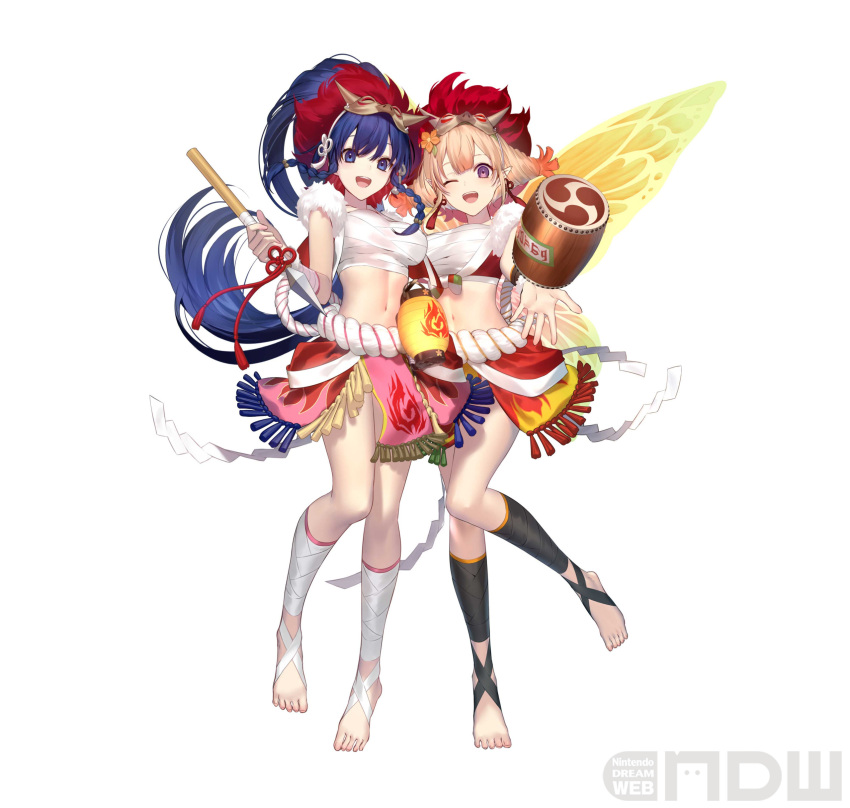 2girls :d ;d absurdres artist_request bandaged_leg bandages bangs blonde_hair blue_eyes blue_hair breasts chest_sarashi fire_emblem fire_emblem:_the_sacred_stones fire_emblem_heroes full_body fur_trim highres holding holding_polearm holding_weapon large_breasts long_hair looking_at_viewer mask mask_on_head midriff miniskirt multiple_girls navel official_alternate_costume official_art one_eye_closed open_mouth peony_(fire_emblem) pink_skirt polearm ponytail purple_eyes red_skirt rope_belt sarashi simple_background skirt smile spear standing stomach strapless tana_(fire_emblem) tube_top very_long_hair weapon white_background wrist_wrap