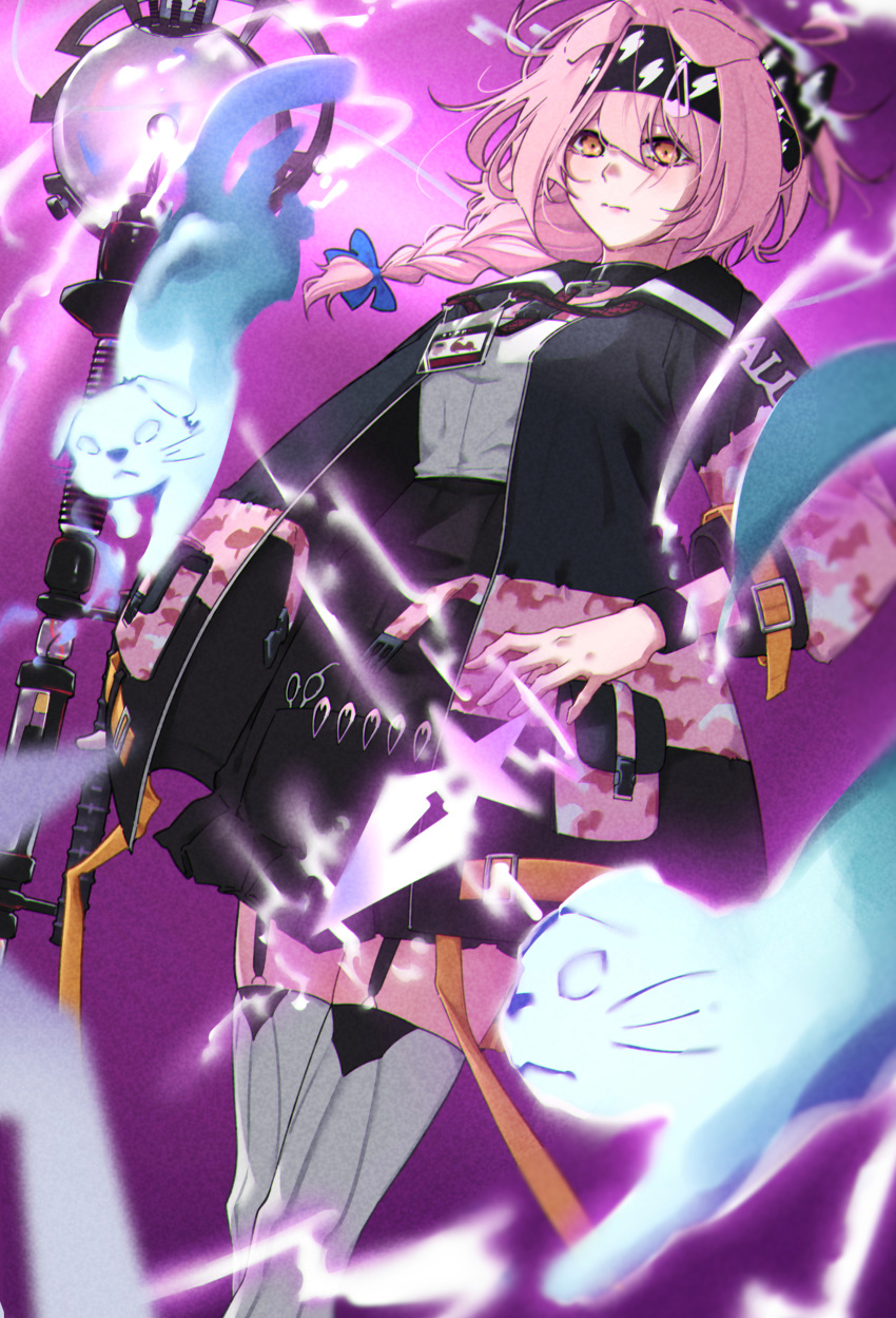 1girl absurdres animal_ears arknights bangs black_coat black_hairband black_skirt bracelet braid cat cat_ears closed_mouth coat collar electricity garter_straps goldenglow_(arknights) hair_between_eyes hairband high-waist_skirt highres holding holding_staff id_card jewelry kimo_suna lightning_bolt_print long_hair long_sleeves looking_at_viewer open_clothes open_coat orange_eyes pink_hair purple_background scissors shirt simple_background single_braid skirt solo staff thighhighs white_shirt white_thighhighs zettai_ryouiki