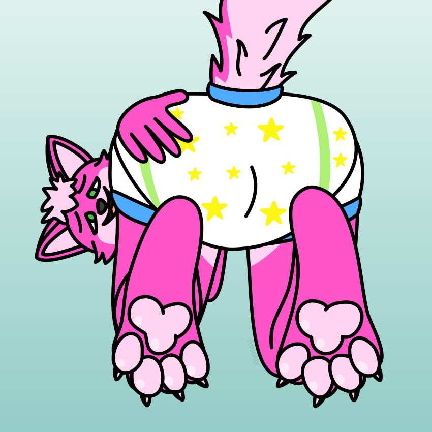ambiguous_gender anthro ass_up avoonix butt canid canine clothed clothing diaper feet foot_focus fox fur gradient_background green_eyes hair hi_res looking_at_viewer looking_back mammal open_mouth partially_clothed paws pink_body pink_ears pink_fur pink_hair pink_tail presenting presenting_hindquarters raised_tail simple_background smile solo