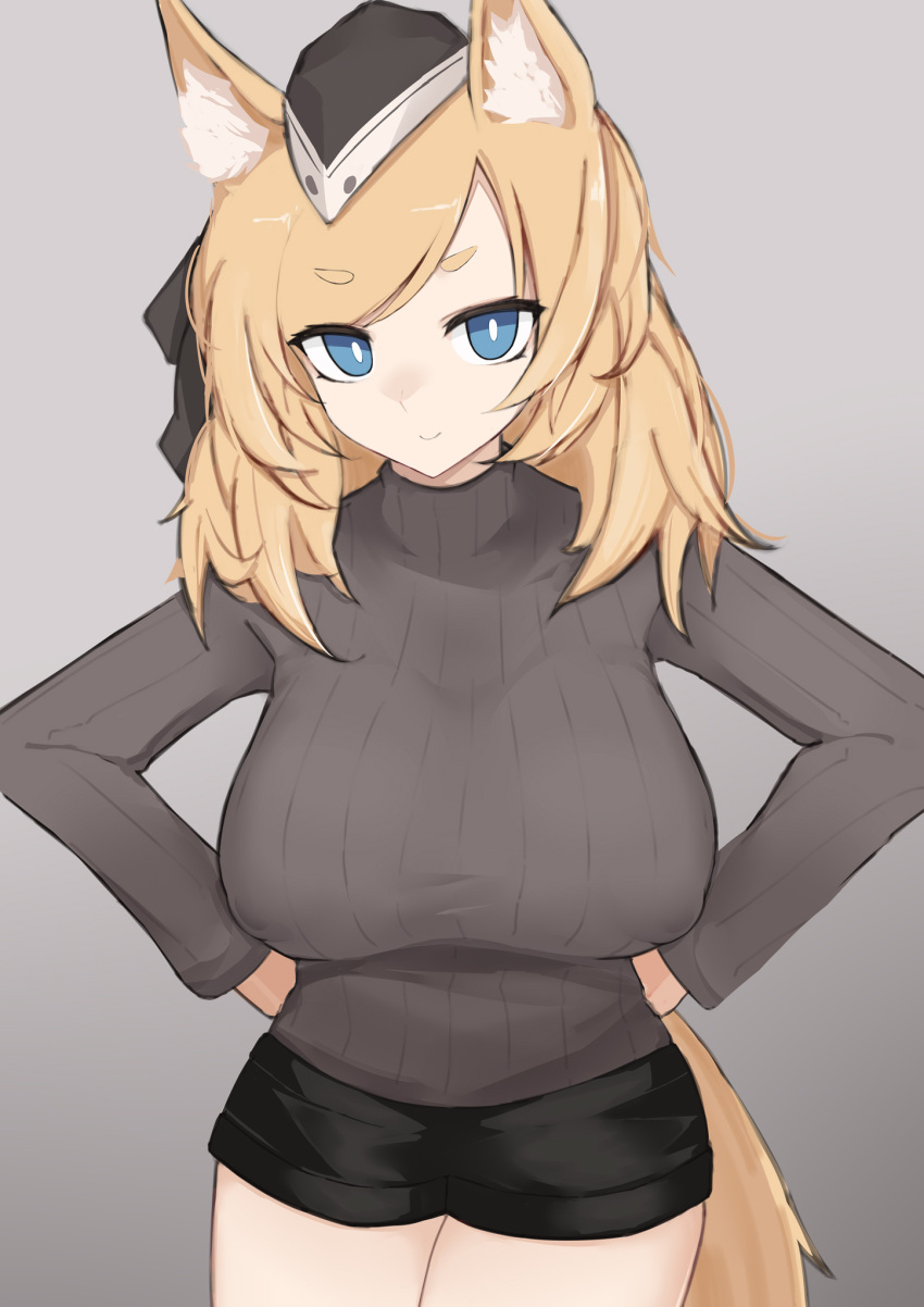 1girl alternate_costume animal_ears arknights bangs black_shorts blonde_hair blue_eyes breasts bright_pupils brown_sweater closed_mouth cowboy_shot gradient gradient_background grey_background hands_on_hips highres horse_ears horse_girl horse_tail impossible_clothes impossible_sweater kitorakito large_breasts long_hair long_sleeves looking_at_viewer short_shorts shorts smile solo sweater swept_bangs tail whislash_(arknights)