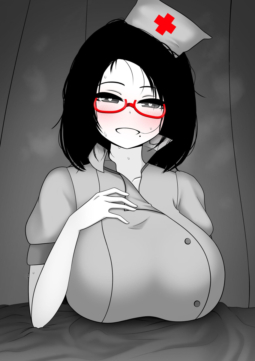 1girl absurdres aiuno_(the_only_shoe) bangs bed_sheet blush breast_rest breasts curtains greyscale hand_on_own_chest hat highres huge_breasts monochrome naughty_face nurse nurse_cap original red-framed_eyewear steaming_body sweat the_only_shoe upper_body