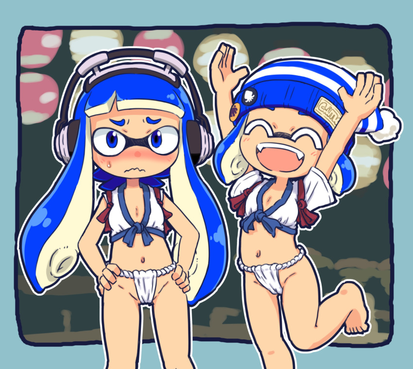 2girls ^_^ arms_up badge bare_legs barefoot blue_eyes blue_hair bobble-chan_(splatoon) bobblehat breasts button_badge cameltoe closed_eyes closed_mouth fangs frown fundoshi furrowed_brow groin hands_on_hips headphone-chan_(splatoon) headphones highres inkling inkling_girl japanese_clothes lantern leg_up long_hair multiple_girls navel outline paper_lantern short_hair short_sleeves small_breasts splatoon_(manga) splatoon_(series) striped striped_headwear suction_cups teeth tentacle_hair wavy_mouth white_outline yugmlecpdduukox