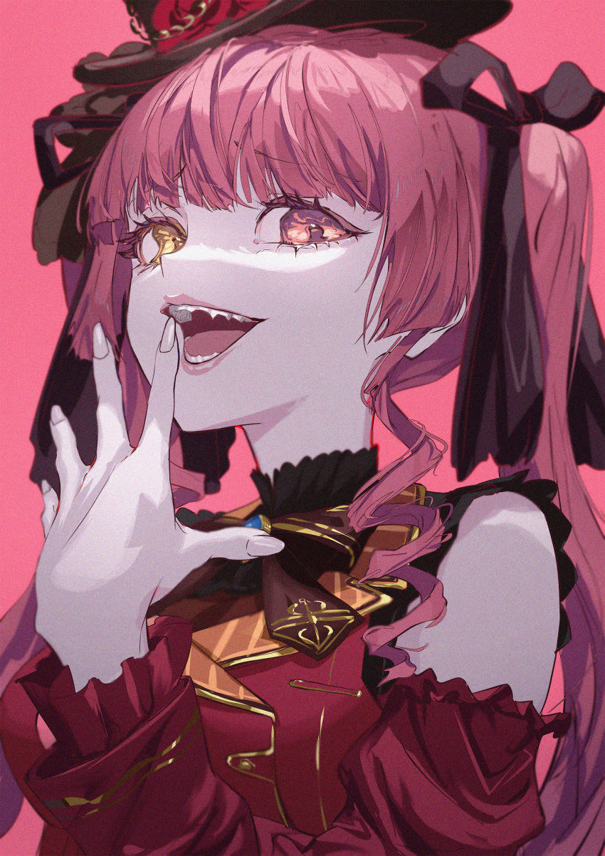 1girl absurdres bangs black_headwear black_ribbon bow bowtie brown_bow brown_bowtie drill_hair hair_ribbon hand_up hat heterochromia highres hololive houshou_marine jacket laughing lips long_hair long_sleeves looking_at_viewer ojou-sama_pose open_mouth pink_background red_eyes red_hair red_jacket ribbon roitz_(_roitz_) sidelocks solo twin_drills twintails upper_body virtual_youtuber yellow_eyes