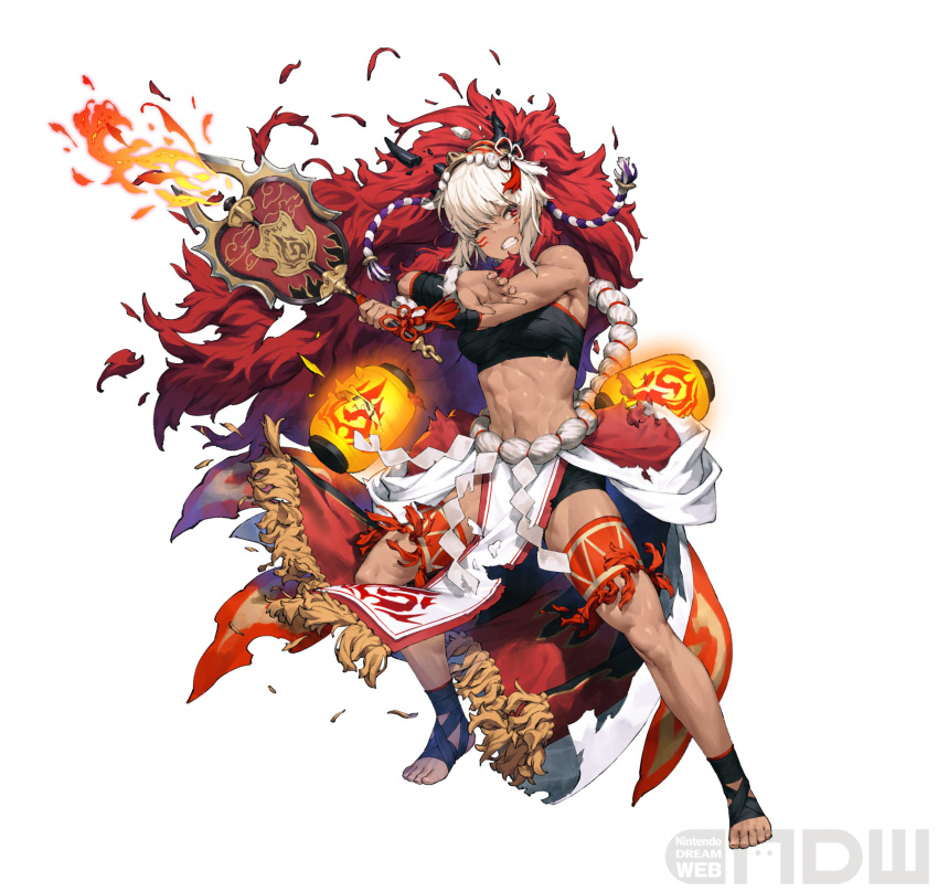 1girl absurdres artist_request bandages bandeau bangs bare_legs bare_shoulders breasts chest_sarashi clenched_teeth facial_mark fire fire_emblem fire_emblem_fates fire_emblem_heroes flame full_body hair_between_eyes hand_fan highres holding holding_fan long_hair mask mask_on_head medium_breasts midriff multicolored_hair muscular muscular_female navel official_alternate_costume official_art one_eye_closed paper_fan red_eyes red_hair rinkah_(fire_emblem) sarashi simple_background skirt solo stomach strapless teeth thigh_strap tube_top two-tone_hair uchiwa very_long_hair whisker_markings white_background white_hair white_skirt