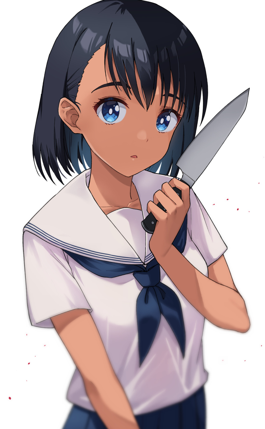 1girl bangs bare_shoulders black_hair black_neckerchief black_one-piece_swimsuit blue_eyes highres holding holding_knife holding_weapon knife kofune_mio neckerchief parted_lips profnote sailor_collar school_uniform serafuku shirt short_hair simple_background solo summertime_render swimsuit swimsuit_under_clothes weapon white_background white_sailor_collar white_shirt