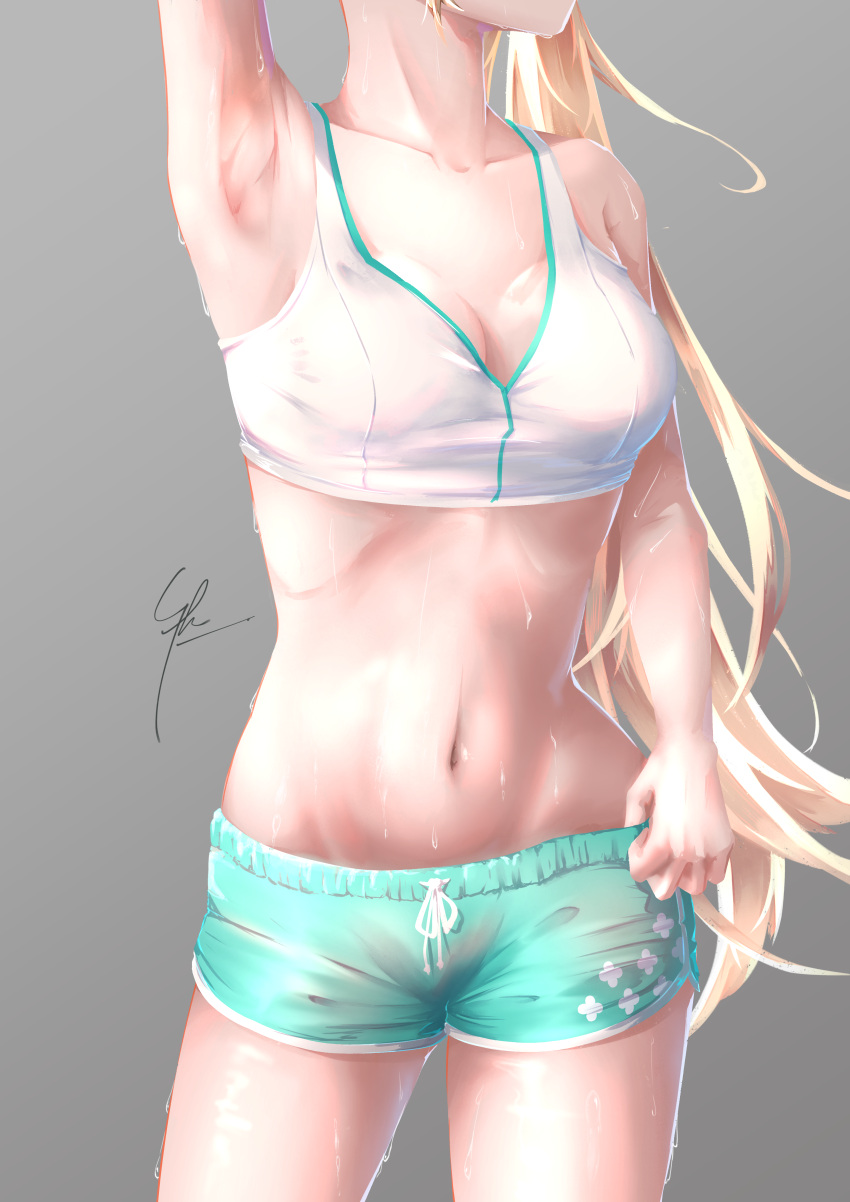 1girl absurdres arm_up armpits blonde_hair breasts grey_background groin head_out_of_frame highres long_hair medium_breasts midriff navel nijisanji nijisanji_en pomu_rainpuff short_shorts shorts signature sports_bra sweat syxh thumb_in_beltline very_long_hair virtual_youtuber