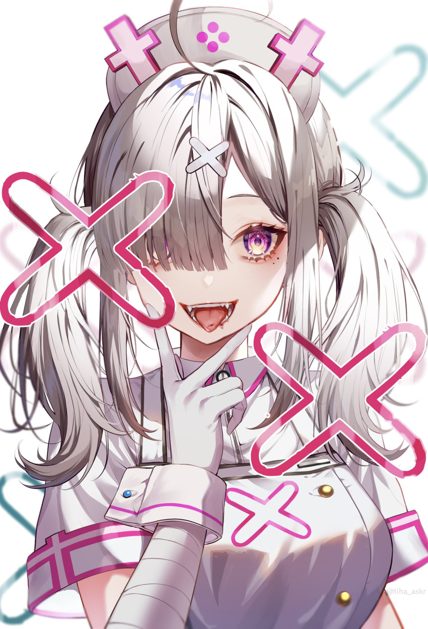 1girl ahoge apron bandaged_arm bandages breasts buttons double-breasted eyelashes fangs gloves grey_hair hair_ornament hair_over_one_eye hairclip hat highres large_breasts long_hair looking_at_viewer mia_(fai1510) mole mole_under_eye nijisanji nurse nurse_cap purple_eyes sharp_teeth short_sleeves skirt solo sukoya_kana teeth tongue tongue_out twintails upper_body v_over_mouth virtual_youtuber white_apron white_gloves white_headwear white_skirt wrist_cuffs x_hair_ornament