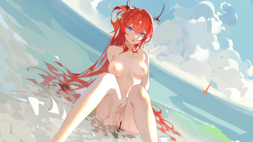 1girl :o arknights bar_censor between_legs blue_eyes blue_sky breasts breasts_apart censored cloud completely_nude da_(datako) day dutch_angle feet_out_of_frame hair_ornament hair_rings hand_between_legs highres horns knees_up long_hair looking_at_viewer medium_breasts navel nipples nude ocean official_alternate_hairstyle open_mouth outdoors pussy red_hair shallow_water sitting sky solo star_(symbol) star_hair_ornament surtr_(arknights) surtr_(colorful_wonderland)_(arknights) very_long_hair water