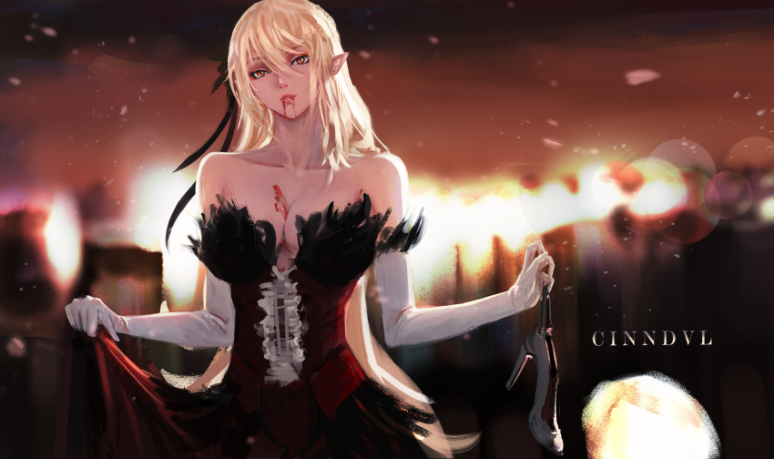 1girl bangs bare_shoulders blonde_hair blood blood_from_mouth blood_on_breasts blurry blurry_background breasts cinndvl cleavage dress english_commentary gloves hair_ribbon high_heels highres holding holding_shoes kiss-shot_acerola-orion_heart-under-blade kizumonogatari large_breasts long_hair looking_at_viewer monogatari_(series) pointy_ears red_dress ribbon shoes slit_pupils solo vampire white_gloves yellow_eyes