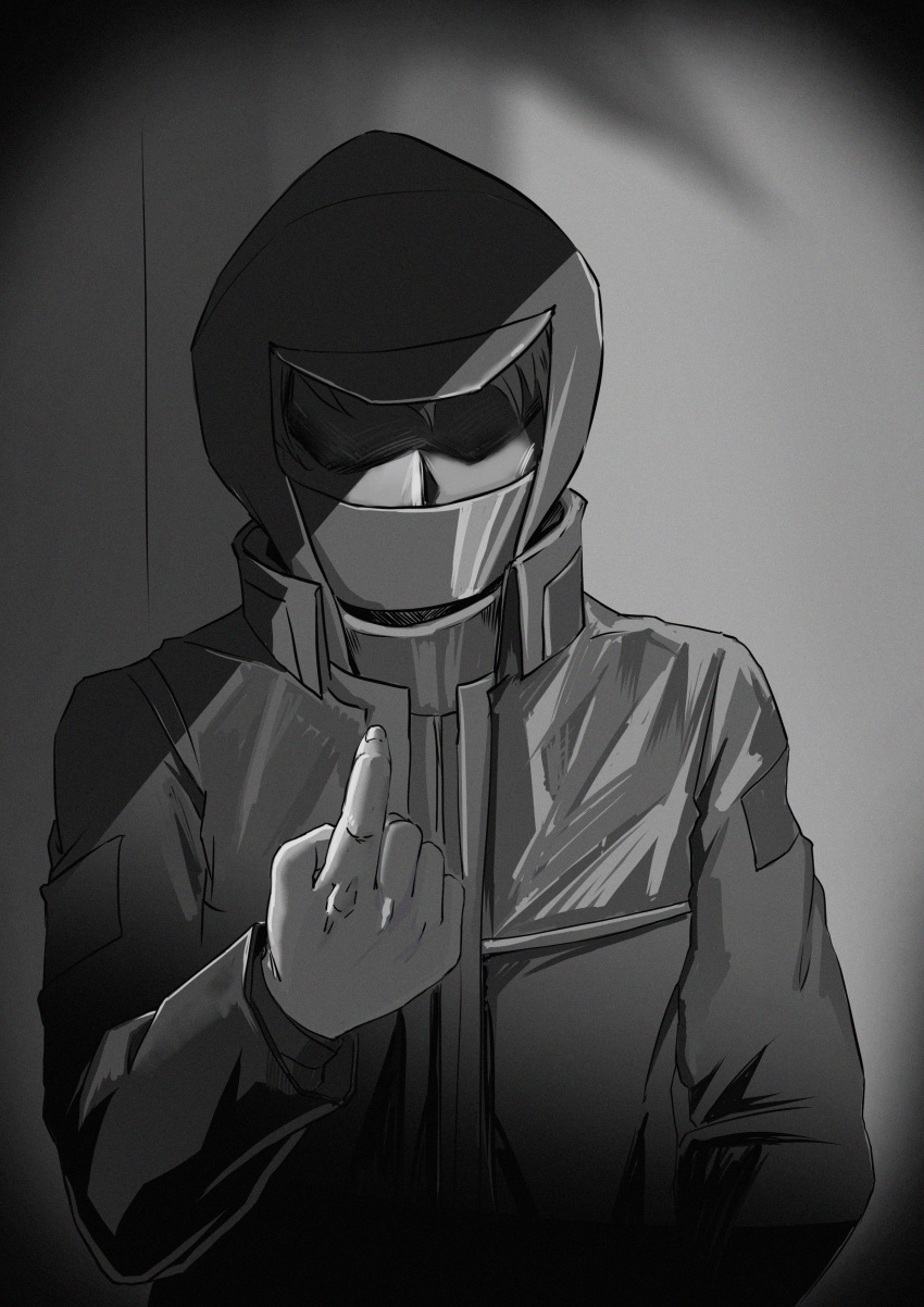 1boy absurdres arknights coat doctor_(arknights) faceless faceless_male greyscale highres hooded_coat long_sleeves male_focus mask monochrome open_clothes open_coat saikre solo upper_body