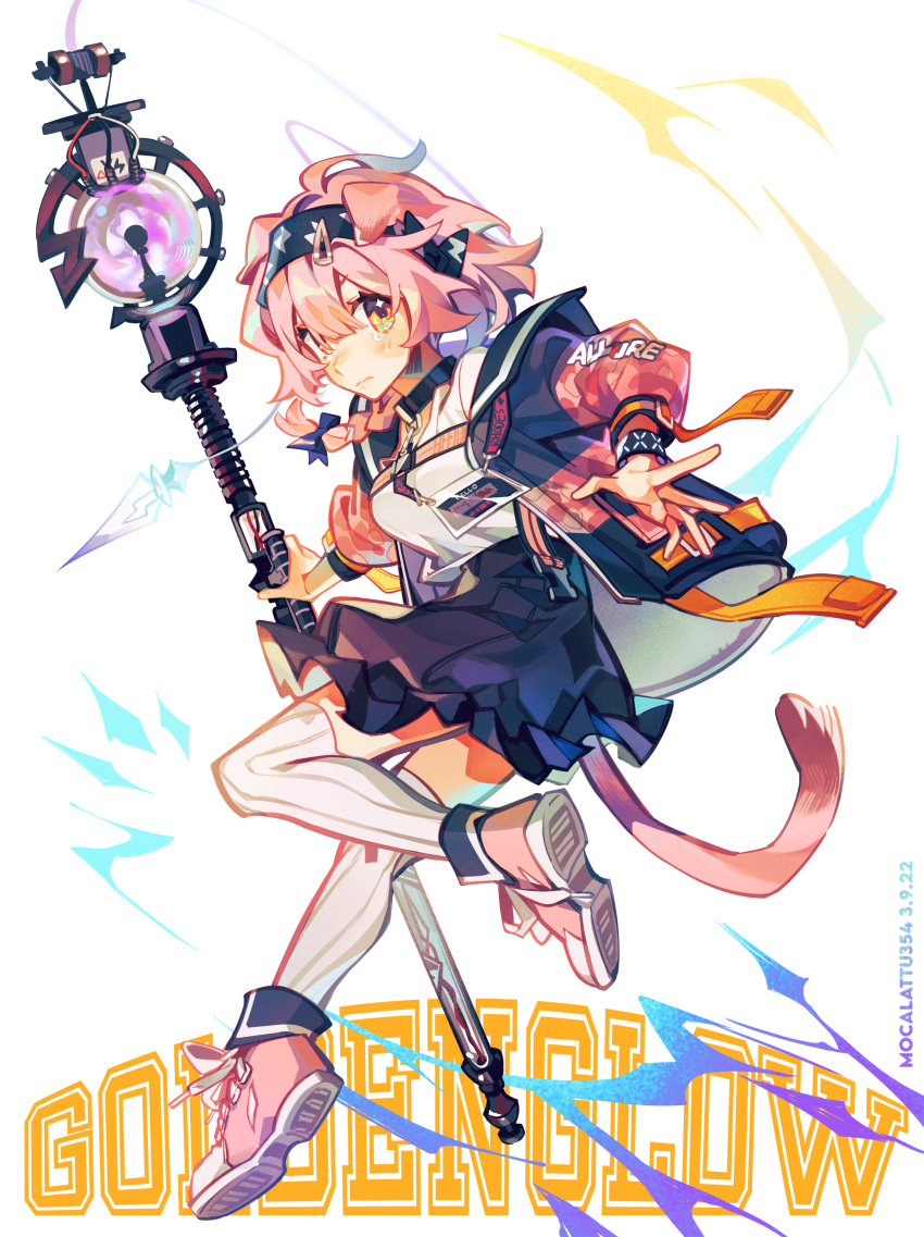 1girl absurdres animal_ears arknights bangs black_hairband black_jacket black_skirt blush breasts brown_eyes cat_ears cat_girl cat_tail character_name closed_mouth commentary frilled_skirt frills goldenglow_(arknights) hair_between_eyes hairband highres holding holding_staff jacket lightning_bolt_print long_sleeves looking_at_viewer medium_breasts mokkun354 open_clothes open_jacket orb pink_footwear pink_hair print_hairband puffy_long_sleeves puffy_sleeves shirt shoe_soles shoes skirt solo staff symbol-only_commentary tail thighhighs white_shirt white_thighhighs