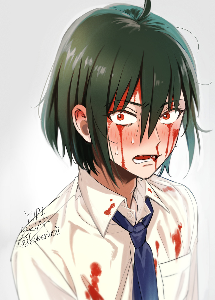 1boy ahoge artist_name bangs black_hair blood blood_from_eyes blood_from_mouth blood_on_clothes blood_on_face blue_necktie blush buttons character_name collared_shirt commentary_request gradient gradient_background grey_background hair_between_eyes highres kaberiasii long_sleeves necktie nosebleed open_mouth pocket red_eyes shirt short_hair solo spy_x_family sweat sweatdrop teeth tongue upper_body white_background white_shirt yuri_briar