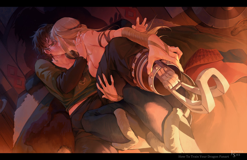 1boy 1girl amputee astrid_hofferson blonde_hair breasts brown_hair cleavage english_commentary green_eyes headband hetero hiccup_horrendous_haddock_iii highres how_to_train_your_dragon how_to_train_your_dragon_2 jowell_she kiss large_breasts long_hair looking_at_another mechanical_legs mixed-language_commentary scar shadow short_hair single_mechanical_leg sweat