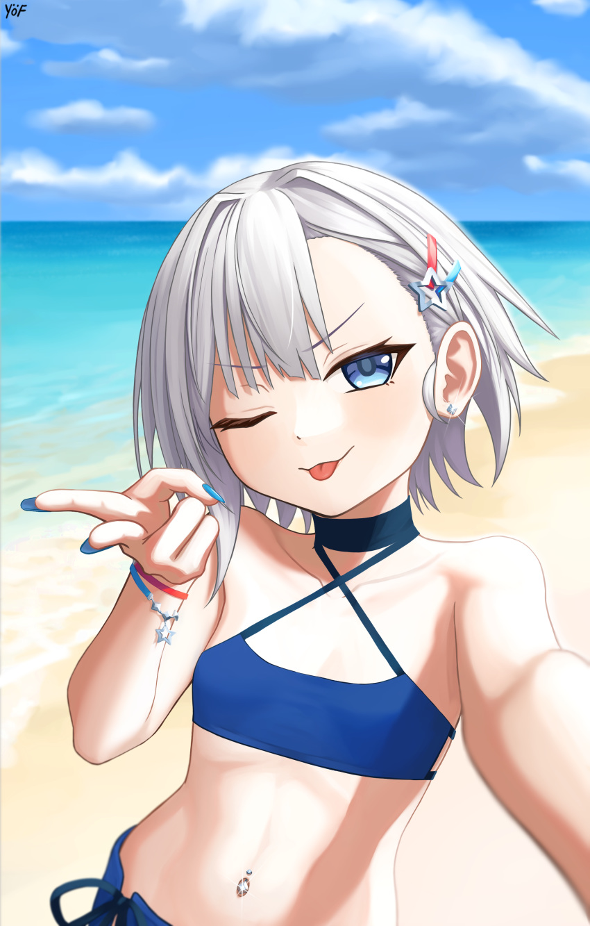 1girl absurdres bare_arms bare_shoulders beach bikini blue_bikini blue_eyes blue_nails blue_sky blue_wristband closed_mouth collarbone day earrings flat_chest grey_hair hair_ornament hairclip halterneck hand_up highres horizon jewelry looking_at_viewer nail_polish navel navel_piercing ocean one_eye_closed piercing reaching_out red_wristband rurine_luna sand selfie short_hair side-tie_bikini_bottom sky solo star_(symbol) star_hair_ornament stomach swimsuit tongue tongue_out upper_body v v-shaped_eyebrows virtual_youtuber wactor_production wristband yof_(sc_gazer)