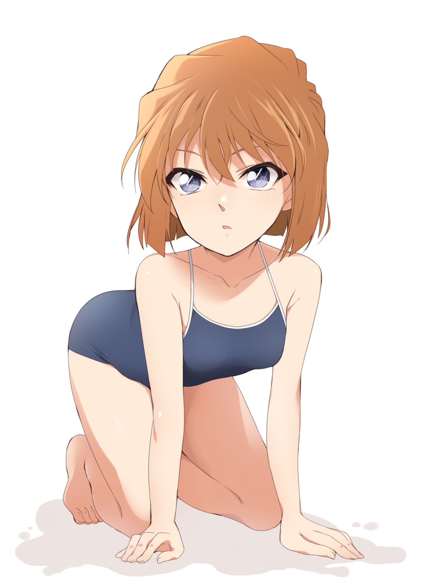 1girl all_fours bangs bare_arms bare_legs blue_eyes blue_one-piece_swimsuit brown_hair collarbone full_body haibara_ai hair_between_eyes highres kaiga medium_hair meitantei_conan open_mouth school_swimsuit simple_background solo spaghetti_strap straight_hair swimsuit white_background