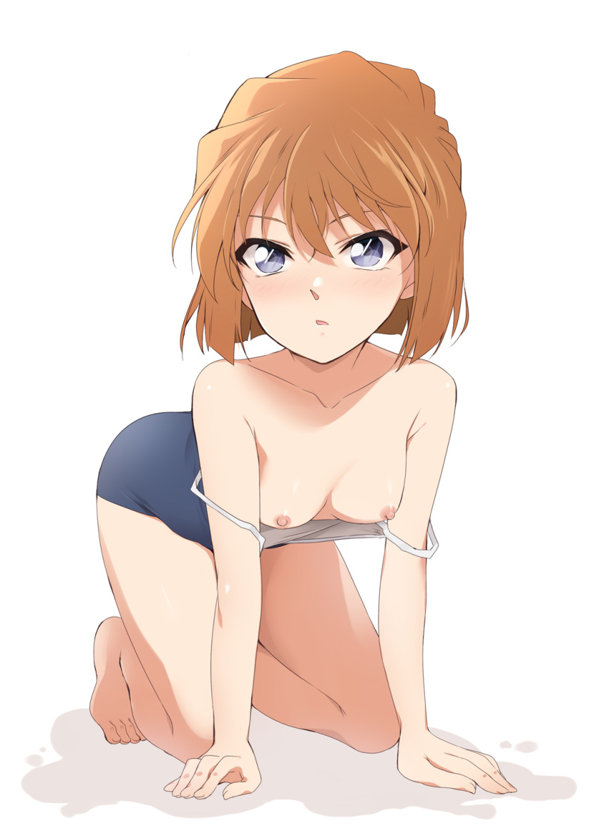 1girl all_fours bangs bare_arms bare_legs blue_eyes blue_one-piece_swimsuit breasts brown_hair clothes_pull collarbone full_body haibara_ai hair_between_eyes highres kaiga medium_hair meitantei_conan nipples open_mouth school_swimsuit simple_background small_breasts solo straight_hair swimsuit swimsuit_pull white_background