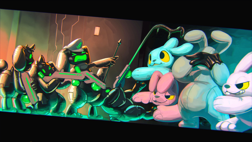 2022 absurd_res animate_inanimate anthro biped digital_drawing_(artwork) digital_media_(artwork) drone fight glistening group gun hi_res lagomorph leporid living_plushie machine mammal plushie rabbit ranged_weapon robot sexotheque war weapon