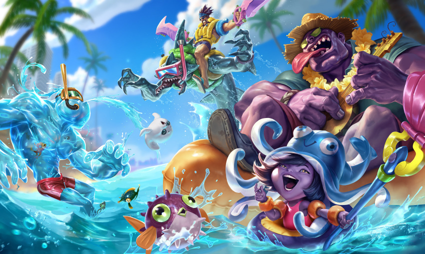 2girls axe beard blurry blurry_background city cloud cloudy_sky creature dr._mundo draven facial_hair fish hat headband highres instrument league_of_legends lifebuoy looking_at_viewer lulu_(league_of_legends) multiple_boys multiple_girls muscular muscular_male music ocean official_alternate_costume official_art open_mouth palm_tree pectorals playing_instrument pool_party_draven pool_party_lulu pool_party_mundo pool_party_zac rek'sai sand seal_(animal) short_hair sixmorevodka sky spiked_hair splashing staff straw_hat sunglasses teeth thick_arms thick_thighs thighs tongue tongue_out topless_male tree ukulele water weapon yellow_eyes zac_(league_of_legends)