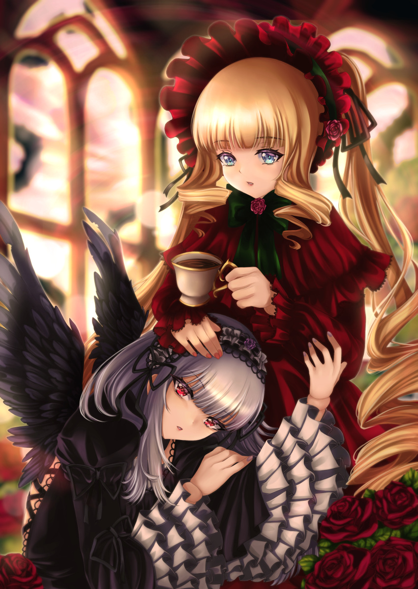 2girls absurdres black_wings blonde_hair blue_eyes blurry blurry_background bokeh bonnet cup depth_of_field doll_joints dress drill drill_hair flower gothic_lolita grey_hair hairband hand_on_another's_head highres joints lolita_fashion lolita_hairband long_hair multiple_girls red_dress red_eyes red_flower red_rose rose rozen_maiden shinku suigintou sunset tea teacup umi_chi window wings