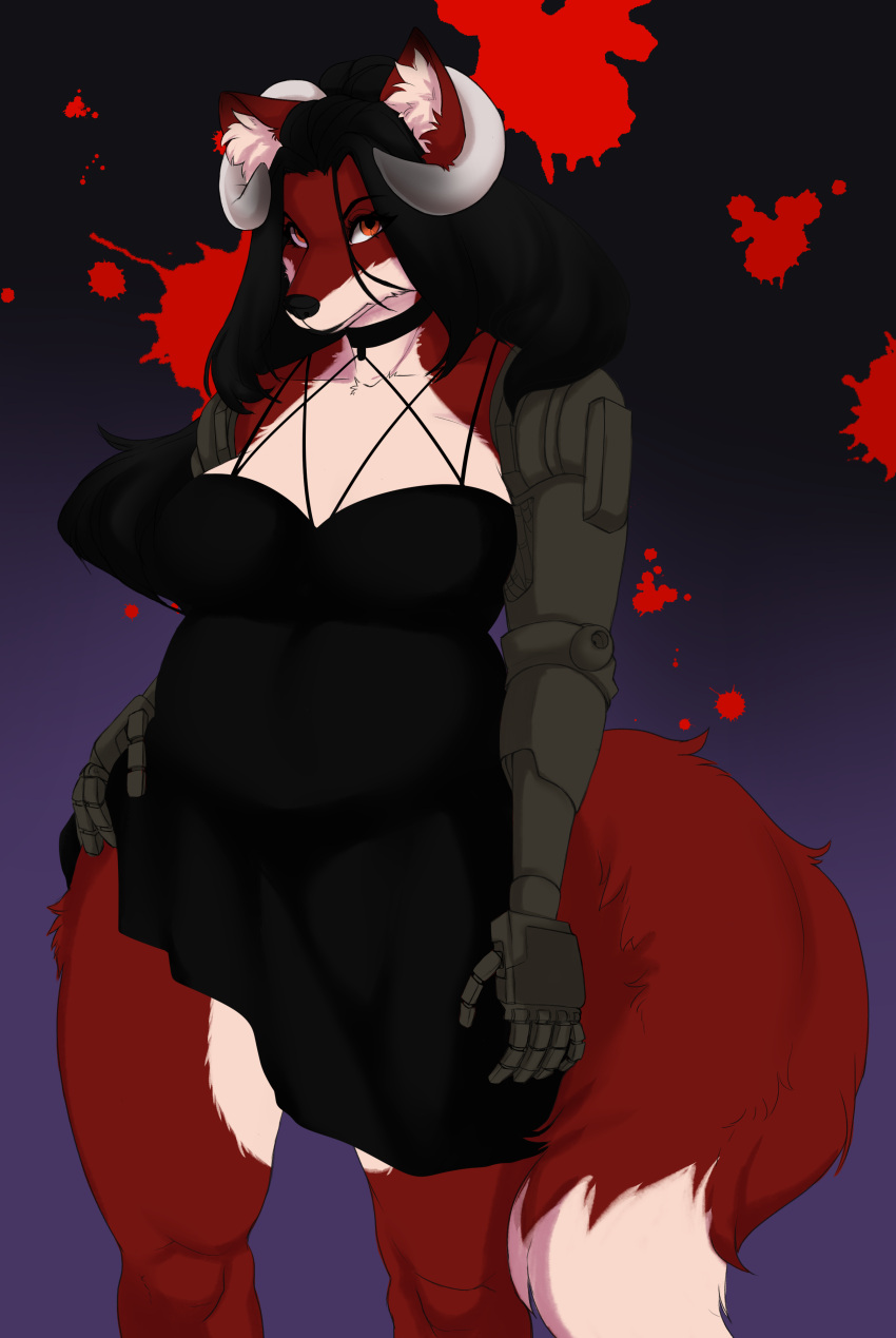 absurd_res amber_eyes anthro belly big_belly black_clothing black_hair black_nose blood blood_splatter bodily_fluids canid canine clothing ear_tuft female fluffy fluffy_tail fox fur goth hair hi_res horn looking_at_viewer mammal nastynatalie nightgown overweight prosthetic prosthetic_arm prosthetic_hand prosthetic_limb red_body red_fox red_fur simple_background solo thick_thighs tuft white_horn zoey_lavender