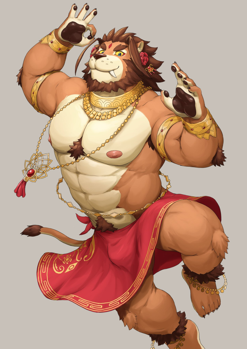 abs accessory anthro armpit_hair barefoot barong_(tas) barontoko beard body_hair bulge chest_tuft clawed_feet clawed_fingers clothed clothing countershading dancing elbow_tuft facial_hair fangs feet felid flower flower_accessory flower_in_hair fur gold_(metal) gold_armlet gold_chain gold_jewelry gold_necklace hair hair_accessory handpaw happy_trail hi_res jewelry knee_tuft leg_tuft lifewonders lion male mammal mane markings muscular muscular_arms muscular_legs muscular_male navel necklace nipples no_underwear pantherine paws pecs plant sarong sarong_only sideburns smile solo tan_body tan_countershading tan_fur third_eye_(marking) tokyo_afterschool_summoners tuft video_games