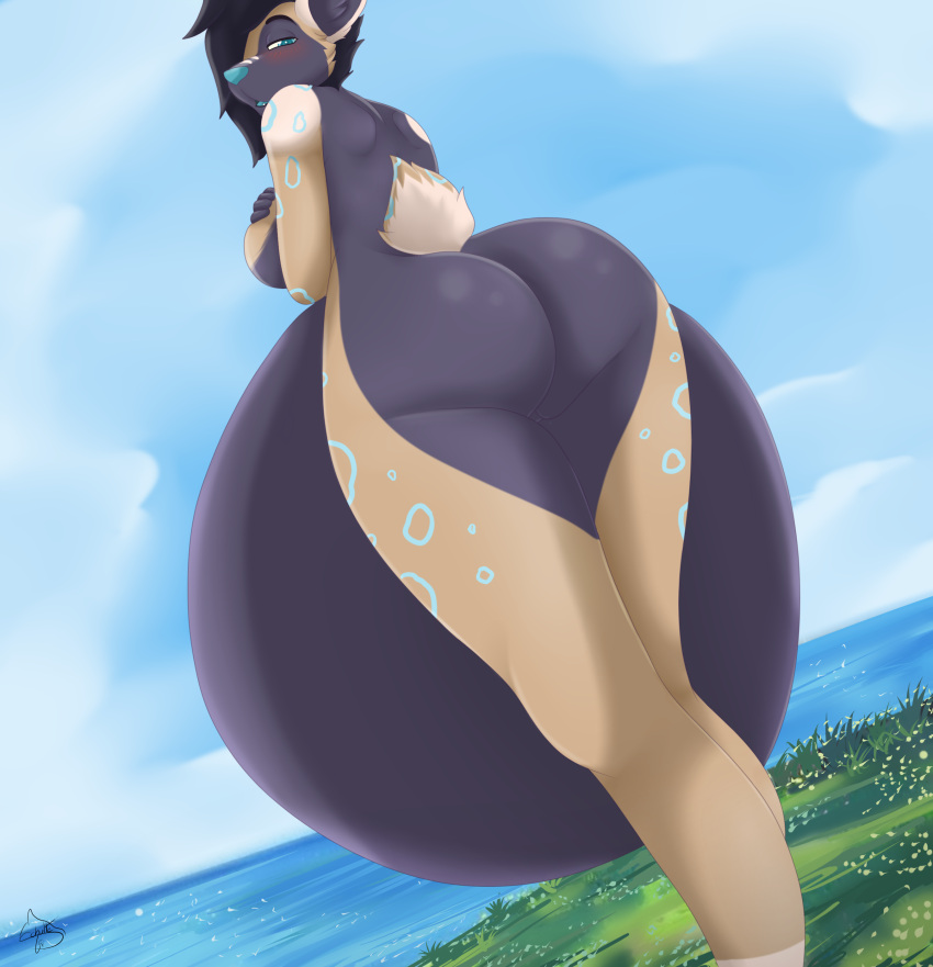 absurd_res african_wild_dog anthro belly belly_inflation big_belly big_butt butt canid canine claire_(xausr32) exhibitionism female hi_res hyper hyper_belly inflation liquid_inflation mammal nude outside public public_nudity solo wolfschulte