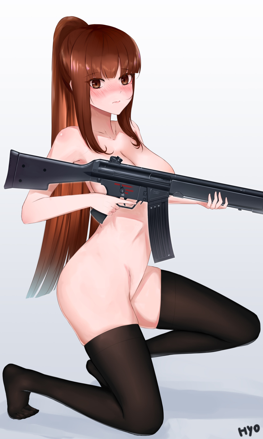 1girl absurdres artist_name assault_rifle black_thighhighs blush brown_eyes brown_hair convenient_censoring gun h&amp;k_hk33 highres hk33e_(upotte!!) holding holding_weapon hyo kneeling legs long_hair mole nude ponytail pubic_hair rifle simple_background solo thighhighs upotte!! very_long_hair weapon