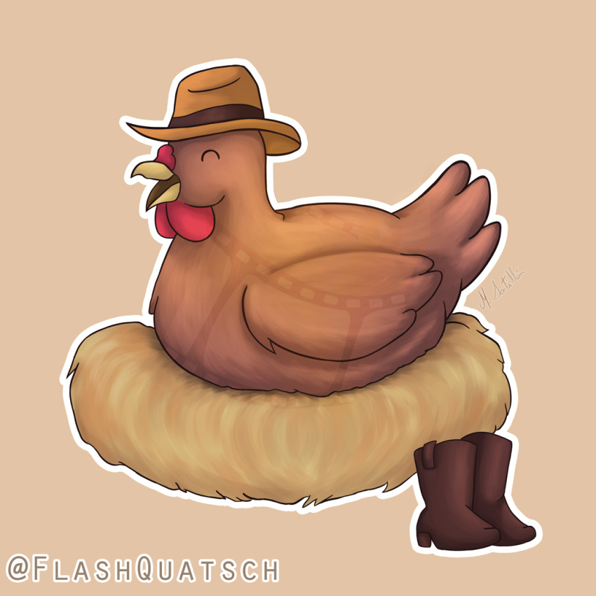 avian bird boots chicken clothing cowboy_hat female feral flashquatsch footwear galliform gallus_(genus) hat headgear headwear nest phasianid solo