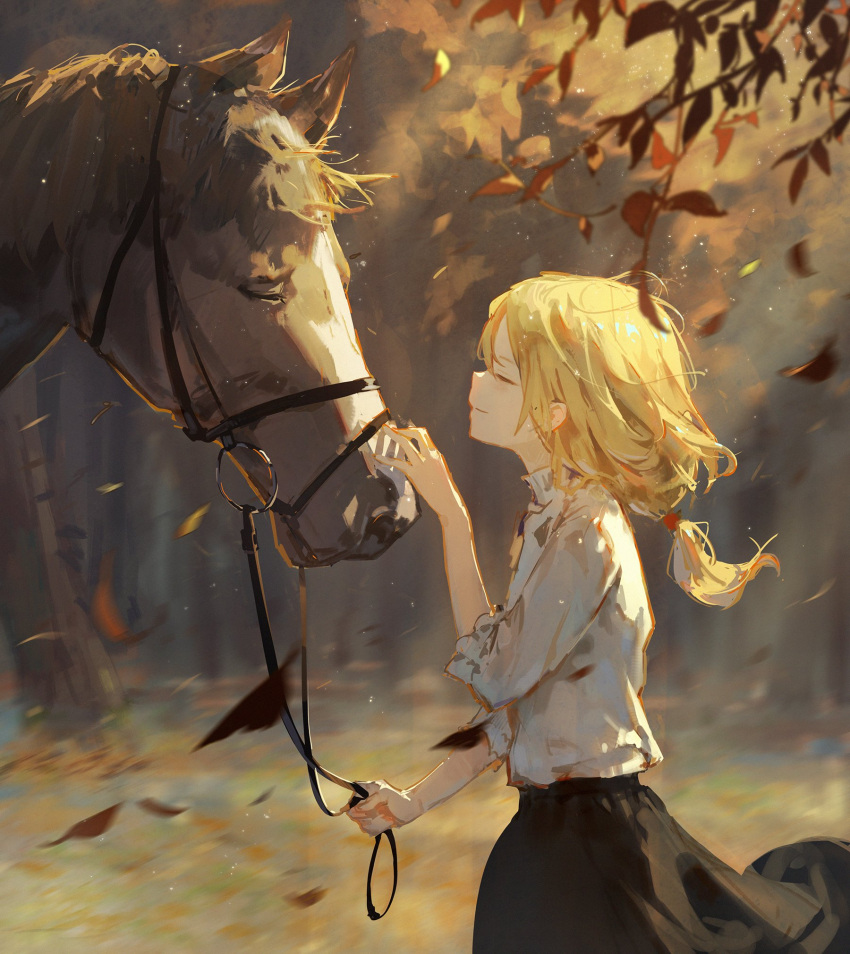 1girl autumn_leaves black_skirt blonde_hair christa_renz closed_eyes dino_(dinoartforame) feet_out_of_frame from_side highres horse long_hair petting ponytail shingeki_no_kyojin shirt skirt smile solo standing tree white_shirt wind