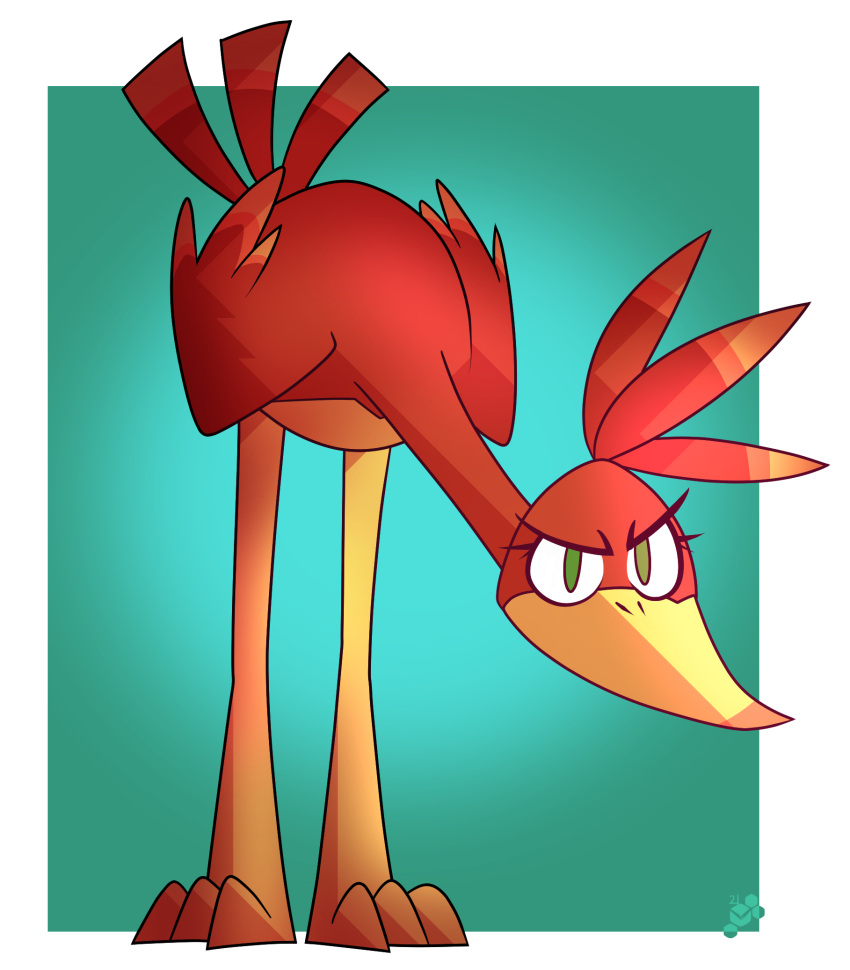 2021 avian banjo-kazooie beak bent_over bird breegull feathers female feral green_eyes head_tuft hi_res judging kazooie looking_at_viewer potoobrigham rareware red_body red_feathers simple_background solo stare tuft video_games yellow_beak