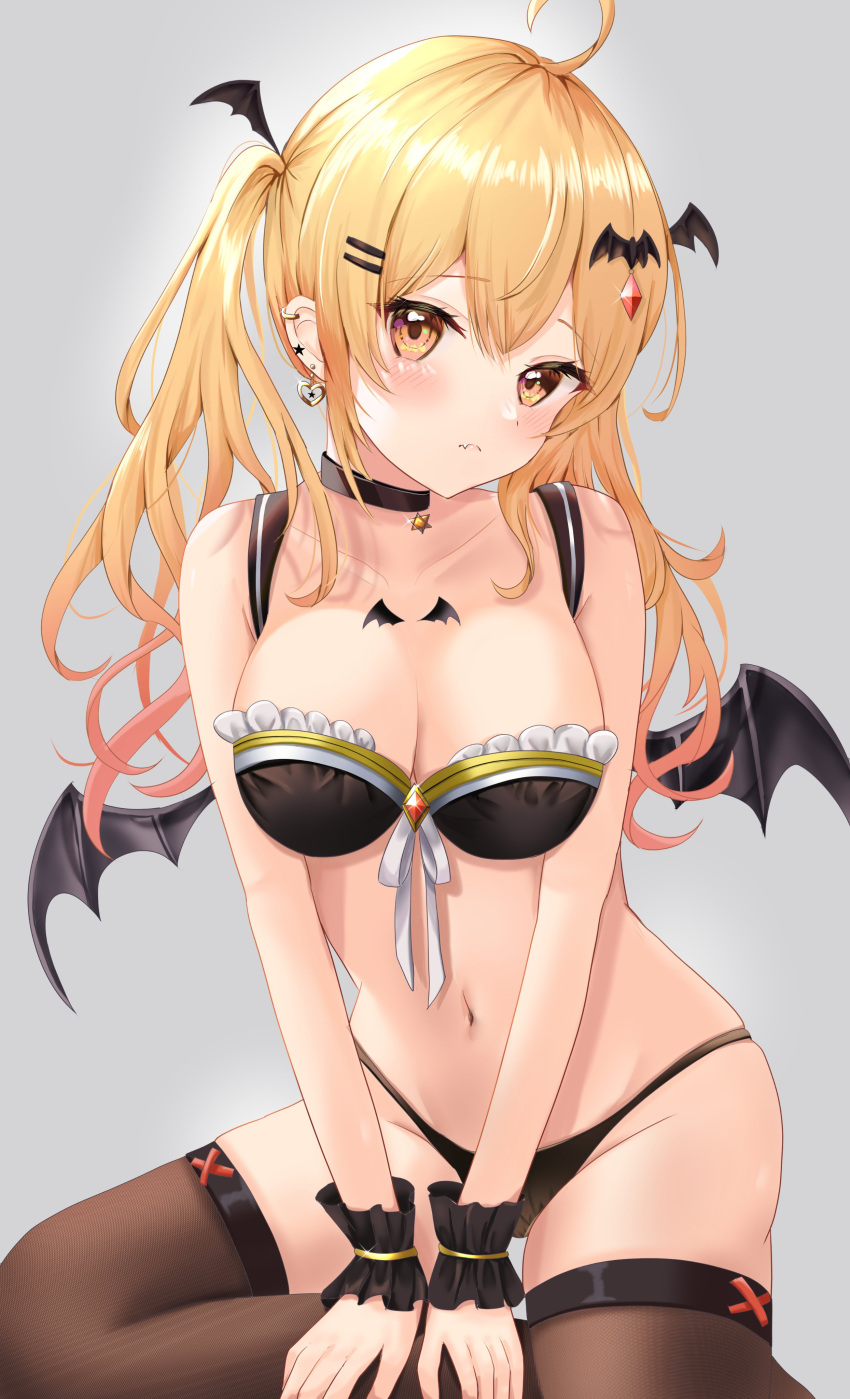 1girl absurdres ahoge animal_print bangs bare_shoulders bat_hair_ornament bat_print bat_wings black_choker black_panties blonde_hair blush breasts choker cleavage collarbone ear_piercing earrings fang frills hair_ornament hairclip highres hololive jewelry large_breasts long_hair looking_at_viewer navel orange_eyes panties piercing skin_fang solo strapless tattoo thighhighs underwear uni_ikura virtual_youtuber wing_tattoo wings yellow_eyes yozora_mel