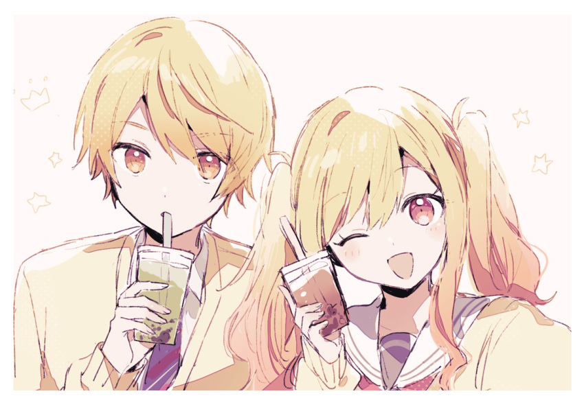 1girl ;d bangs blonde_hair blush brother_and_sister bubble_tea cardigan closed_mouth collared_shirt crown cup diagonal-striped_necktie disposable_cup drinking_straw holding holding_cup kamiyama_high_school_uniform_(sekai) long_hair long_sleeves miyamasuzaka_girls'_academy_uniform neckerchief one_eye_closed open_mouth project_sekai red_neckerchief sailor_collar shirt siblings skunlv smile star_(symbol) tenma_saki tenma_tsukasa twintails upper_body white_sailor_collar white_shirt yellow_cardigan yellow_eyes