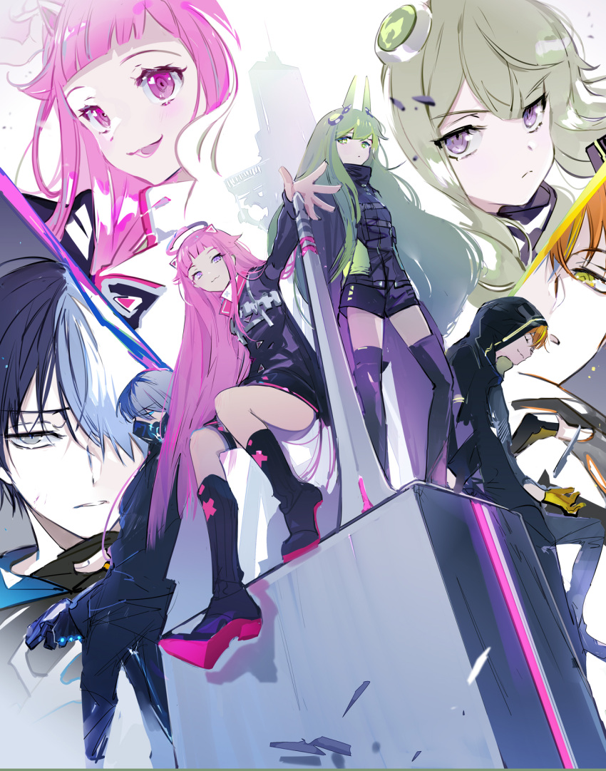 2boys 2girls aoyagi_touya black_footwear black_shorts black_thighhighs blue_hair boots closed_mouth commentary_request full_body green_eyes green_hair grey_eyes hammer highres kusanagi_nene long_hair long_sleeves mechanical_ears mechanical_halo multicolored_hair multiple_boys multiple_girls ootori_emu open_mouth parted_lips pink_eyes pink_hair project_sekai purple_hair respirator shinonome_akito short_hair shorts sitting smile split-color_hair suou tactical_clothes thighhighs very_long_hair white_background