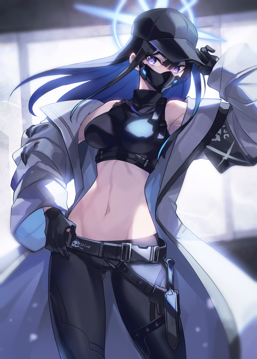 1girl absurdres bare_shoulders black_gloves blue_archive blue_hair breasts coat gloves halo hat highres long_hair mask midriff navel purple_eyes saori_(blue_archive) solo tomoyohi