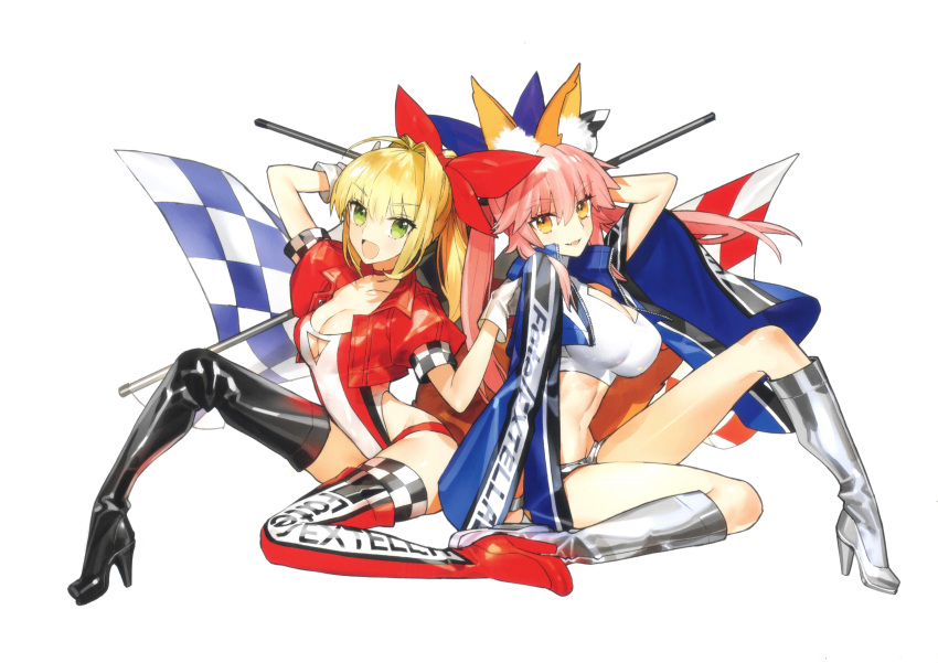 2girls absurdres animal_ears boots breasts choker cleavage collarbone cropped_jacket fate/extra fate/grand_order fate_(series) flag fox_ears fox_girl fox_tail full_body gloves high_heels highleg highleg_leotard highres holding jacket knee_boots large_breasts leotard long_sleeves looking_at_viewer medium_breasts midriff multiple_girls nero_claudius_(fate) open_mouth puffy_short_sleeves puffy_sleeves race_queen scan shiny shiny_clothes short_sleeves shorts simple_background sitting smile tail tamamo_(fate) tamamo_no_mae_(fate/extra) thigh_boots wada_arco white_background