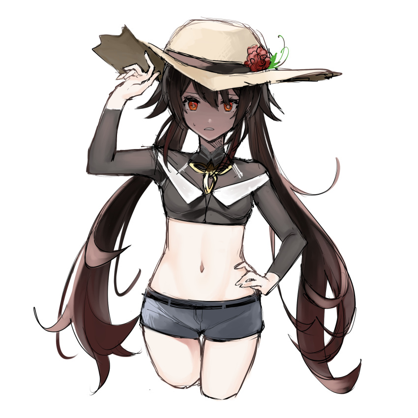 1girl alternate_costume bangs black_hair black_shorts breasts brown_hair crop_top cropped_legs ebibi_chiriri flower flower-shaped_pupils genshin_impact gradient_hair hair_between_eyes hand_on_hip hat hat_flower highres hu_tao_(genshin_impact) long_hair long_sleeves looking_at_viewer multicolored_hair parted_lips red_eyes red_flower short_shorts shorts simple_background sketch small_breasts solo sun_hat sweat symbol-shaped_pupils twintails very_long_hair white_background