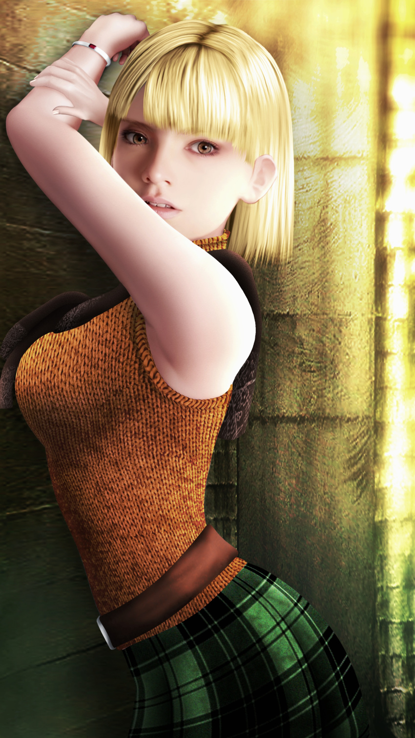 1girl absurdres artist_request ashley_graham bangs belt blonde_hair blunt_bangs breasts from_side green_skirt highres large_breasts looking_at_viewer non-web_source orange_shirt plaid plaid_skirt resident_evil resident_evil_4 shirt short_hair skirt sleeveless sleeveless_shirt sleeveless_turtleneck solo source_request turtleneck