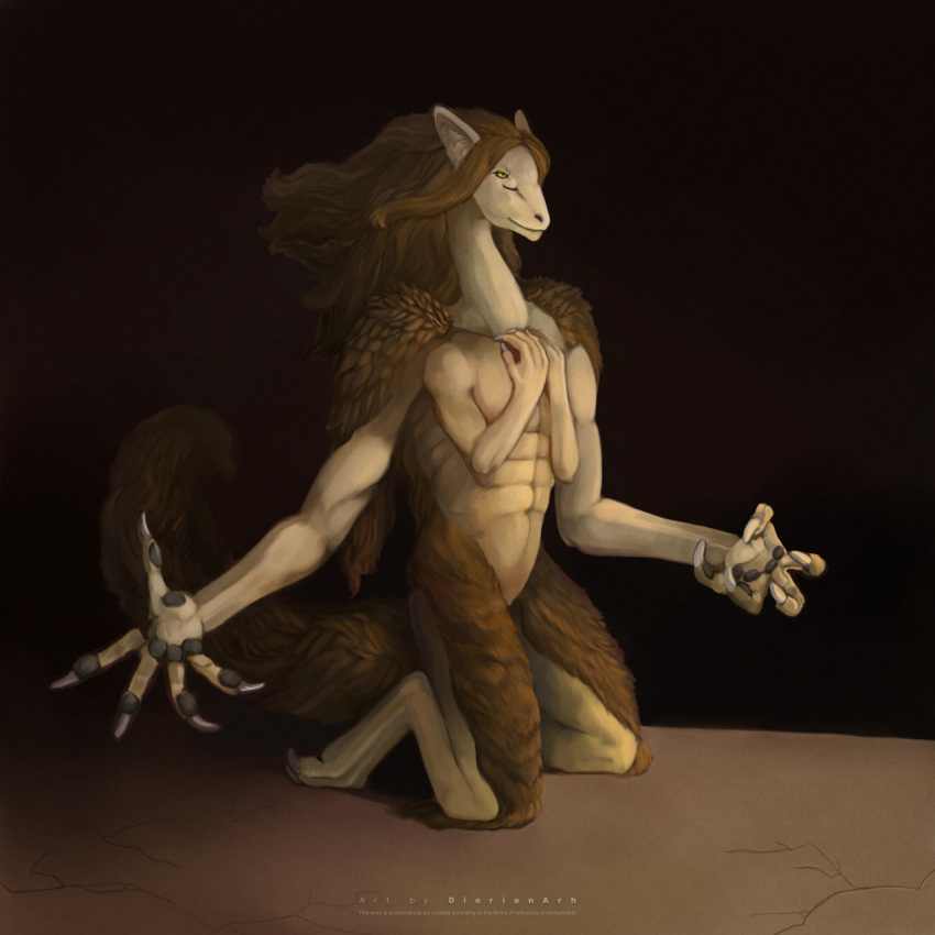 ambiguous_gender anthro brown_background brown_body brown_hair classical claws deity demon diorionarh emotional feeling female fur hair hand_gesture hi_res kneeling looking_at_another muscular muscular_female mythology renaissance sad simple_background solo tan_body unknown_species