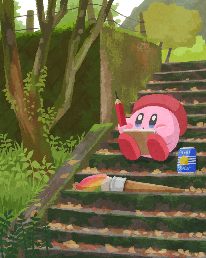 adeleine adeleine_(cosplay) beret blue_eyes can cosplay full_body hat highres kirby kirby's_dream_land kirby_(series) leaf miclot no_humans outdoors paintbrush pencil plant red_headwear scenery solo stairs tree