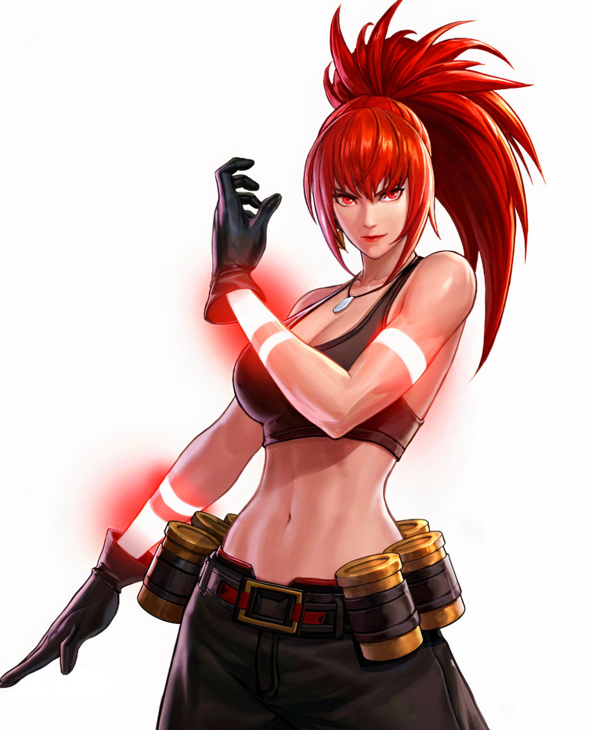 1girl abs arm_tattoo bangs bare_shoulders belt belt_buckle black_gloves black_tank_top breasts buckle can cartridge cleavage crop_top dark_persona dog_tags earrings gloves glowing glowing_hand glowing_hands glowing_mouth glowing_skin hand_tattoo highres jewelry large_breasts leona_heidern long_hair looking_at_viewer midriff military muscular muscular_female navel necklace official_art orochi_leona pants photoshop_(medium) ponytail red_eyes red_hair solo tank_top tattoo the_king_of_fighters the_king_of_fighters_all-stars the_king_of_fighters_xiii the_king_of_fighters_xv triangle_earrings uniform white_background