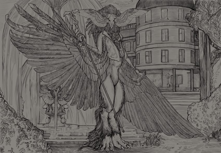 ambiguous_gender anthro black_and_white building classical deity demon diorionarh feathered_wings feathers fur grass leaf line_art looking_at_viewer male monochrome muscular muscular_male mythology nature plant renaissance sketch solo surreal tail_motion tailwag tree unknown_species wings