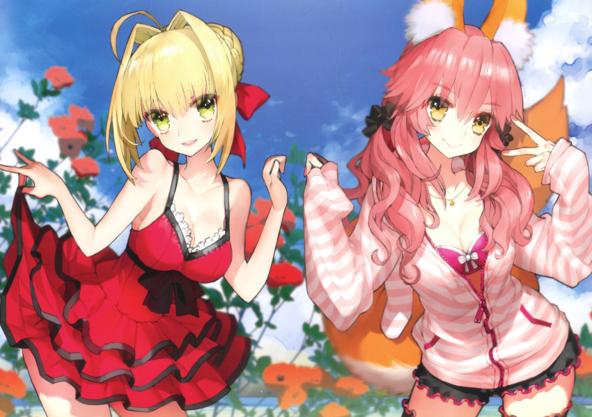 2girls absurdres ahoge animal_ear_fluff animal_ears bangs bare_shoulders blonde_hair blue_sky blush bow breasts brown_eyes cleavage cloud cloudy_sky collarbone day dress fate/extra fate/grand_order fate_(series) flower fox_ears fox_girl fox_tail frills green_eyes hair_bun hair_ornament hair_scrunchie hand_up highres jacket jewelry layered_dress long_sleeves looking_at_viewer multiple_girls necklace nero_claudius_(fate) open_mouth pink_hair red_dress rose scan scrunchie shiny shiny_hair short_dress simple_background skirt_hold sky sleeveless sleeves_past_wrists smile striped striped_jacket tail tamamo_(fate) tamamo_no_mae_(fate/extra) v wada_arco