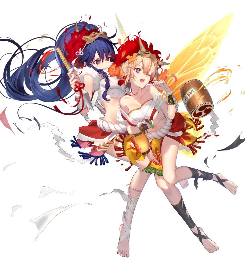 2girls bangs barefoot blonde_hair blue_eyes blue_hair fairy fairy_wings fire_emblem fire_emblem:_the_sacred_stones fire_emblem_heroes gradient gradient_hair highres holding long_hair mashima_saki_(mashimasa) midriff multicolored_hair multiple_girls navel non-web_source official_art orange_hair pelvic_curtain peony_(fire_emblem) ponytail purple_eyes stomach tana_(fire_emblem) toes transparent_background wings