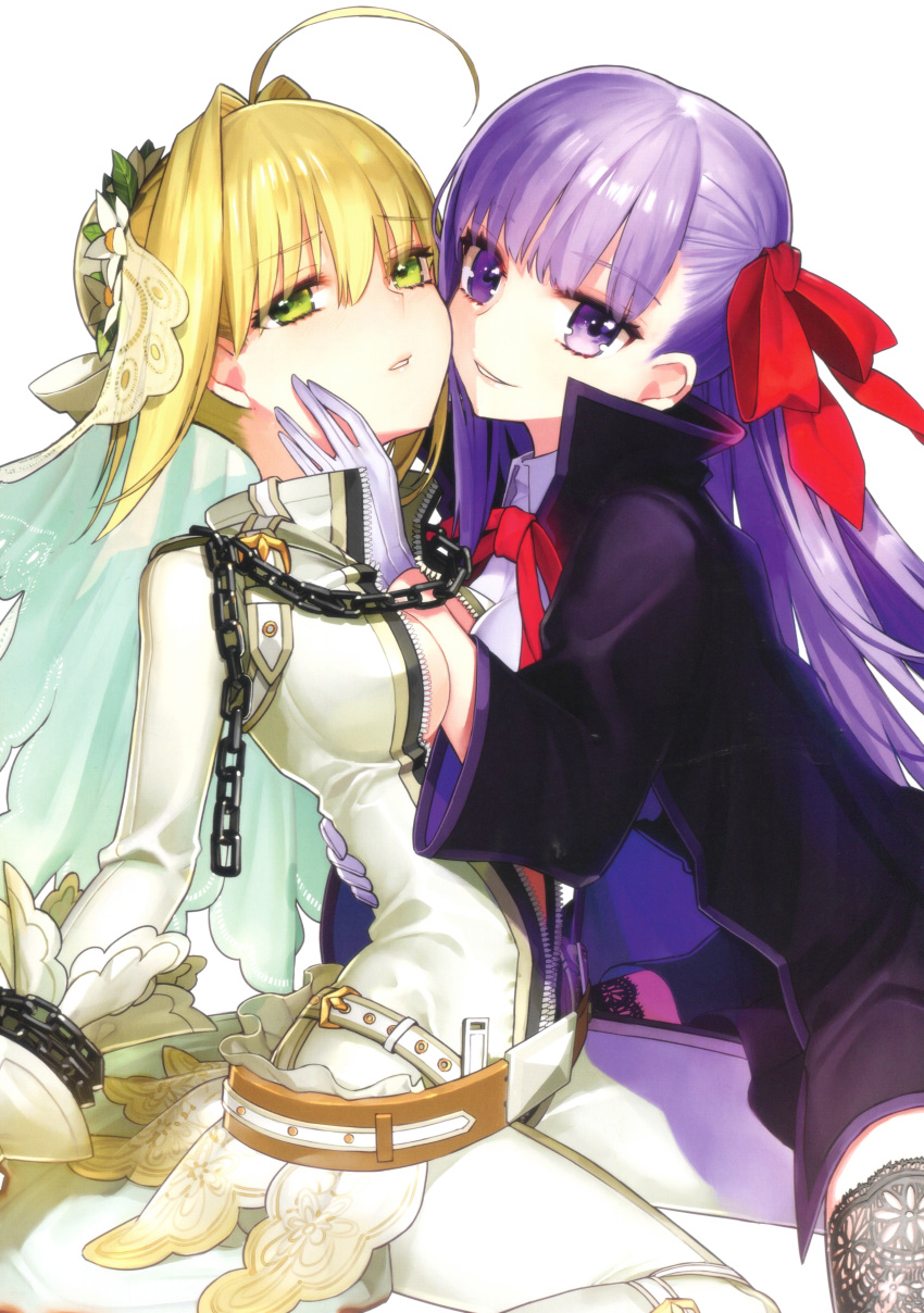 2girls absurdres ahoge bangs bb_(fate) bb_(fate/extra) belt between_breasts blonde_hair bodysuit bow bowtie breasts bridal_veil bun_cover chain fate/extra fate/extra_ccc fate_(series) gloves green_eyes hair_bow highres long_hair long_sleeves looking_at_viewer medium_breasts multiple_girls nero_claudius_(bride)_(fate) nero_claudius_(fate) official_art parted_lips purple_eyes purple_hair scan shiny shiny_hair simple_background skin_tight smile veil wada_arco white_background white_gloves