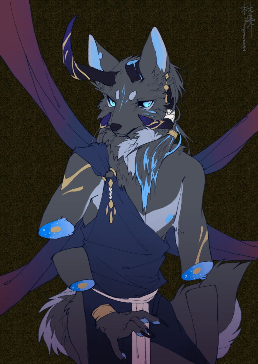 anthro blue_eyes broken_horn candy_gore canid canine canis circle_eyebrows depravedstar eyebrows fur grey_body grey_fur hair hi_res horn male mammal neck_tuft nipples ponytail severed_limb solo tattoo tuft wolf