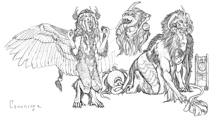 ambiguous_gender anthro biceps black_and_white classical deity demon diorionarh emotional feathered_wings feathers feeling feral fur group hair humanoid kneeling line_art male monochrome muscular muscular_male mythology renaissance serious sketch sketch_page surreal unknown_species wings