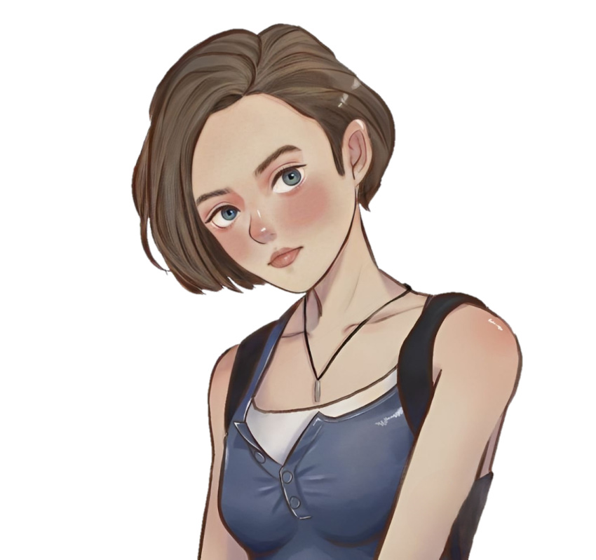 1girl artist_request blue_eyes blue_tank_top blush breasts brown_hair jill_valentine looking_at_viewer non-web_source resident_evil resident_evil_3 short_hair simple_background small_breasts solo source_request tank_top upper_body white_background