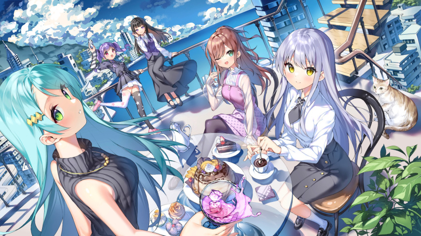 5girls aqua_hair bang_dream! bangs black_hair blue_sky blush bow braid breasts building closed_eyes dreamlist green_eyes highres hikawa_sayo imai_lisa long_hair looking_at_viewer minato_yukina multiple_girls open_mouth purple_eyes purple_hair roselia_(bang_dream!) scenery shirokane_rinko short_hair sky smile twintails udagawa_ako