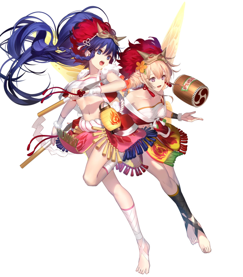 2girls bangs bare_shoulders barefoot blonde_hair blue_eyes blue_hair breasts cleavage collarbone drum dual_wielding fairy fairy_wings fire_emblem fire_emblem:_the_sacred_stones fire_emblem_heroes flower full_body fur_trim gradient gradient_hair hair_flower hair_ornament highres holding holding_weapon horned_mask instrument leg_up long_hair looking_away mashima_saki_(mashimasa) mask mask_on_head medium_breasts midriff multicolored_hair multiple_girls navel non-web_source off_shoulder official_art open_clothes open_mouth orange_hair pelvic_curtain peony_(fire_emblem) polearm ponytail purple_eyes rope sarashi sidelocks spear stomach tana_(fire_emblem) teeth toes transparent_background upper_teeth weapon wings