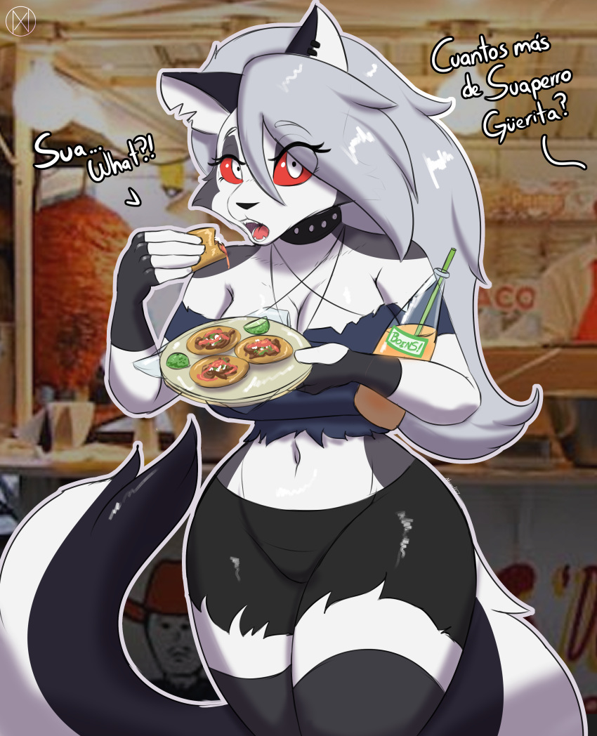 2022 absurd_res anthro canid canid_demon clothed clothing demon digital_media_(artwork) english_text female food fur hellhound helluva_boss hi_res loona_(helluva_boss) loona_in_mexico mammal mexico nexcoyotlgt red_sclera solo spanish_text surprised_expression taco text translation_request watermark white_body white_eyes white_fur